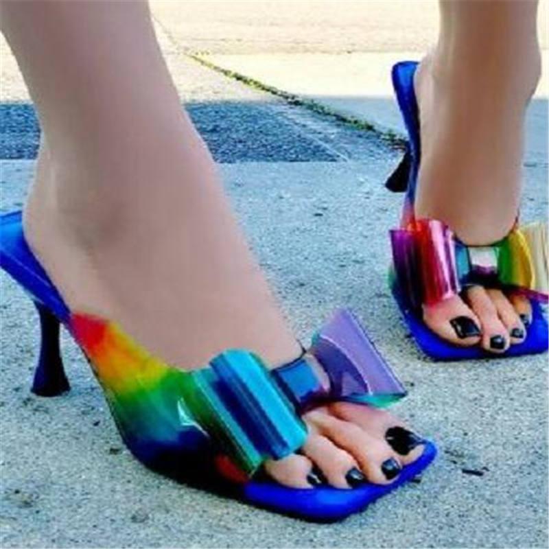 

Slippers S PVC Rainbow Color Transparent Jelly Butterfly-knot Women Fashion Summer Outdoor Elegant High Heel Dress Shoes, Apricot