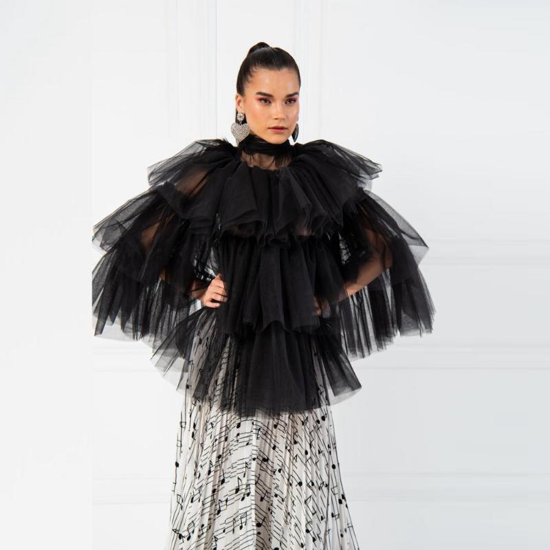 Women&#039;s Swimwear Trendy Cool Black Tiered Ruffle Tulle Tops Women Fashion Sheer See Through Top Turtleneck Party Blouse Shirts Custom MadeWo-image-784059095