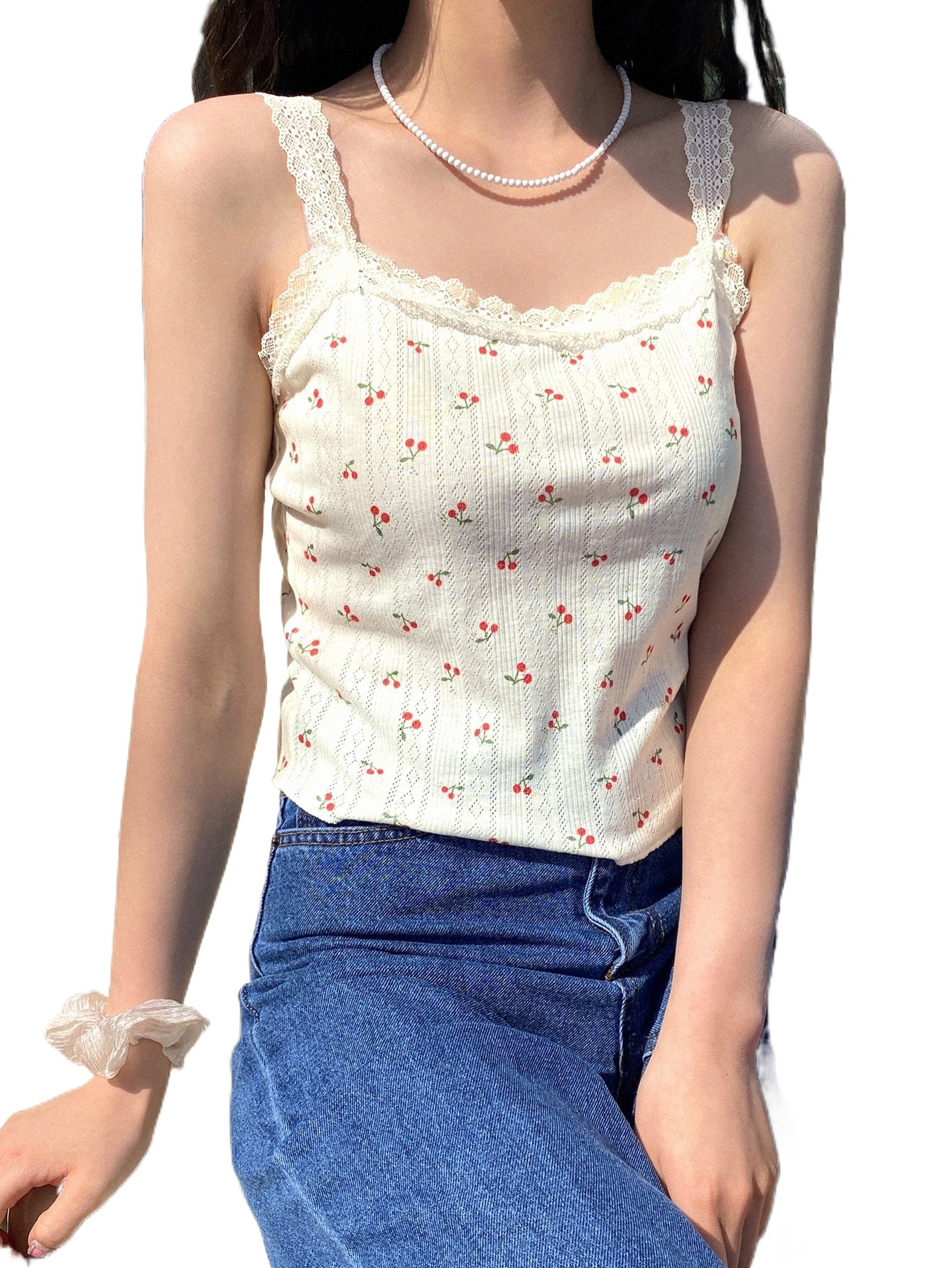 

dazy Cherry Print Contrast Lace Tank Top W8g2#, White
