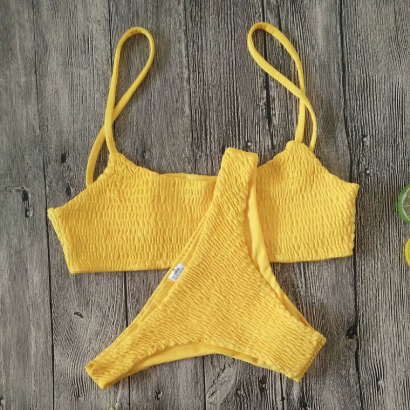 

Yellow Ruffles Crochet Sexy Bikini Set Textile Women Push-up Padded Bra Biquini Swimsuit Triangle Swimwear Bathing Suit Mujer, As show