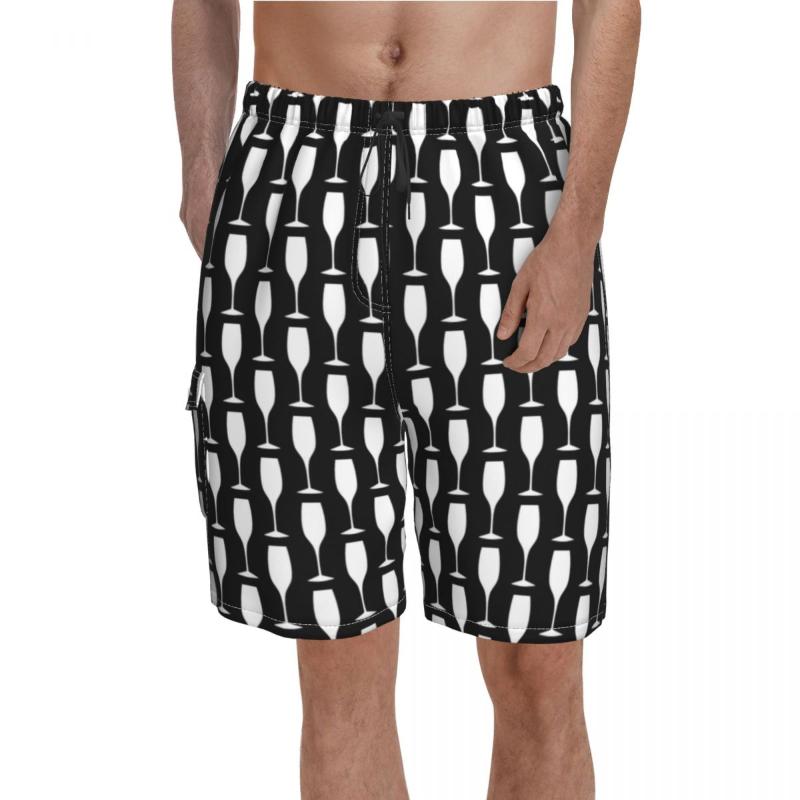 

Men' Shorts Wine Glass Board Black And White Champagne Man Comfortable Beach Short Pants High Quality Custom Plus Size Swim TrunksMen