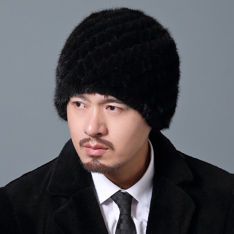 

Men's Real Mink Fur Hat Winter Warm Beanie Spiral Cap Black Brown