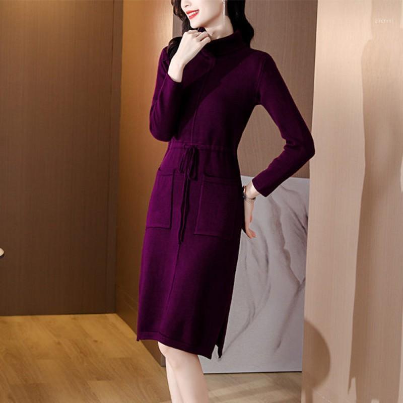 

Casual Dresses Sweater Dress 2022 Autumn Winter Turtleneck Warm Long Sleeve Knit Korean Fashion Solid Women Midi, As picture