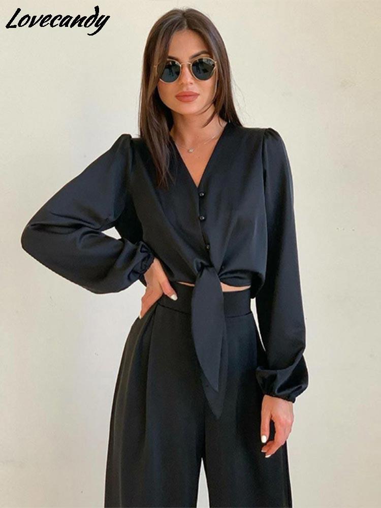 Été femmes mode noir Satin pantalon costumes col en v à manches longues Blouse correspondant large pantalon costume décontracté mince deux pièces