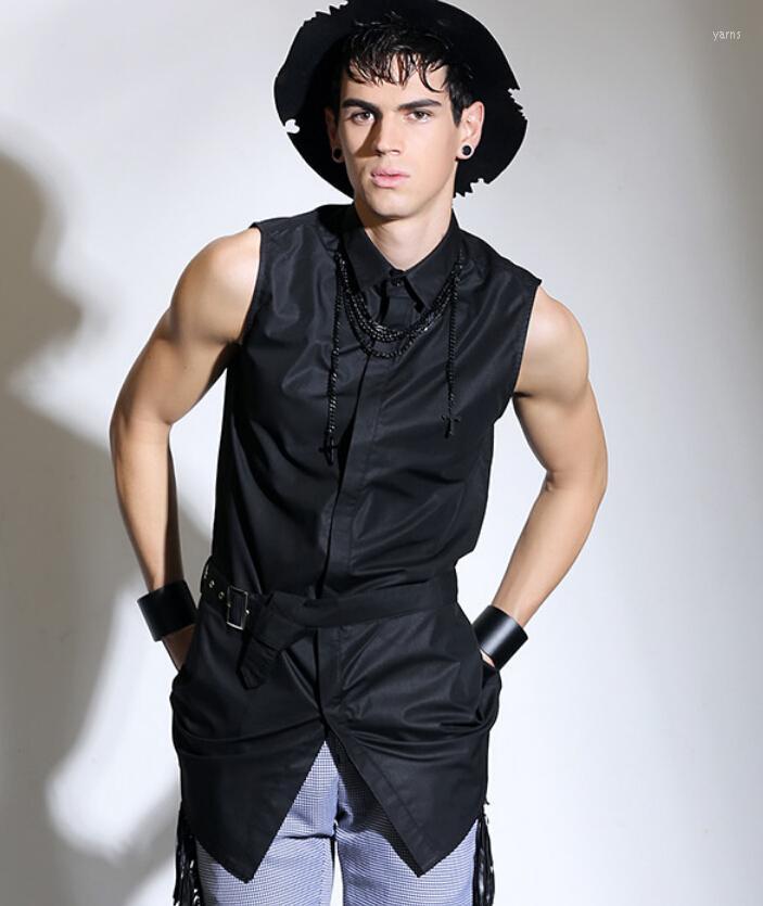 

Men' Clothing Sleeveless Shirt Male Fashion Medium-long Ruslana Korshunova Summer Stage Singer Costumes Casual Shirts, Black