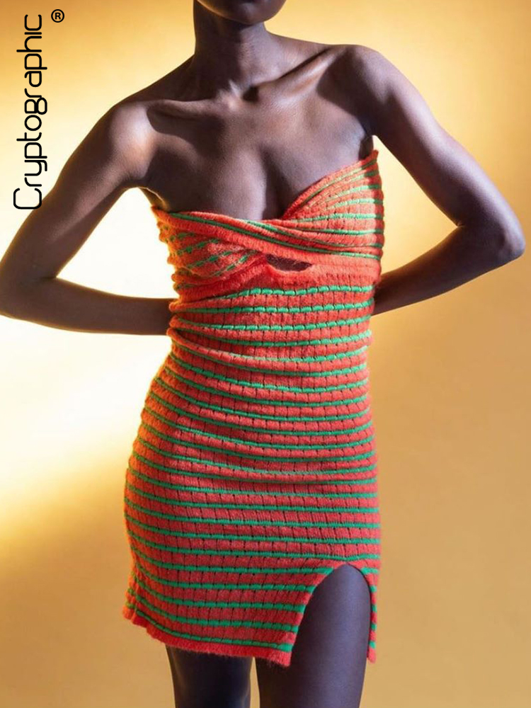 

Elegant Fashion Knitted Striped Mini Dress Women Sweater Sexy Sleeveless Backless Slit Dresses Vestidos Clothes, Orange stripe
