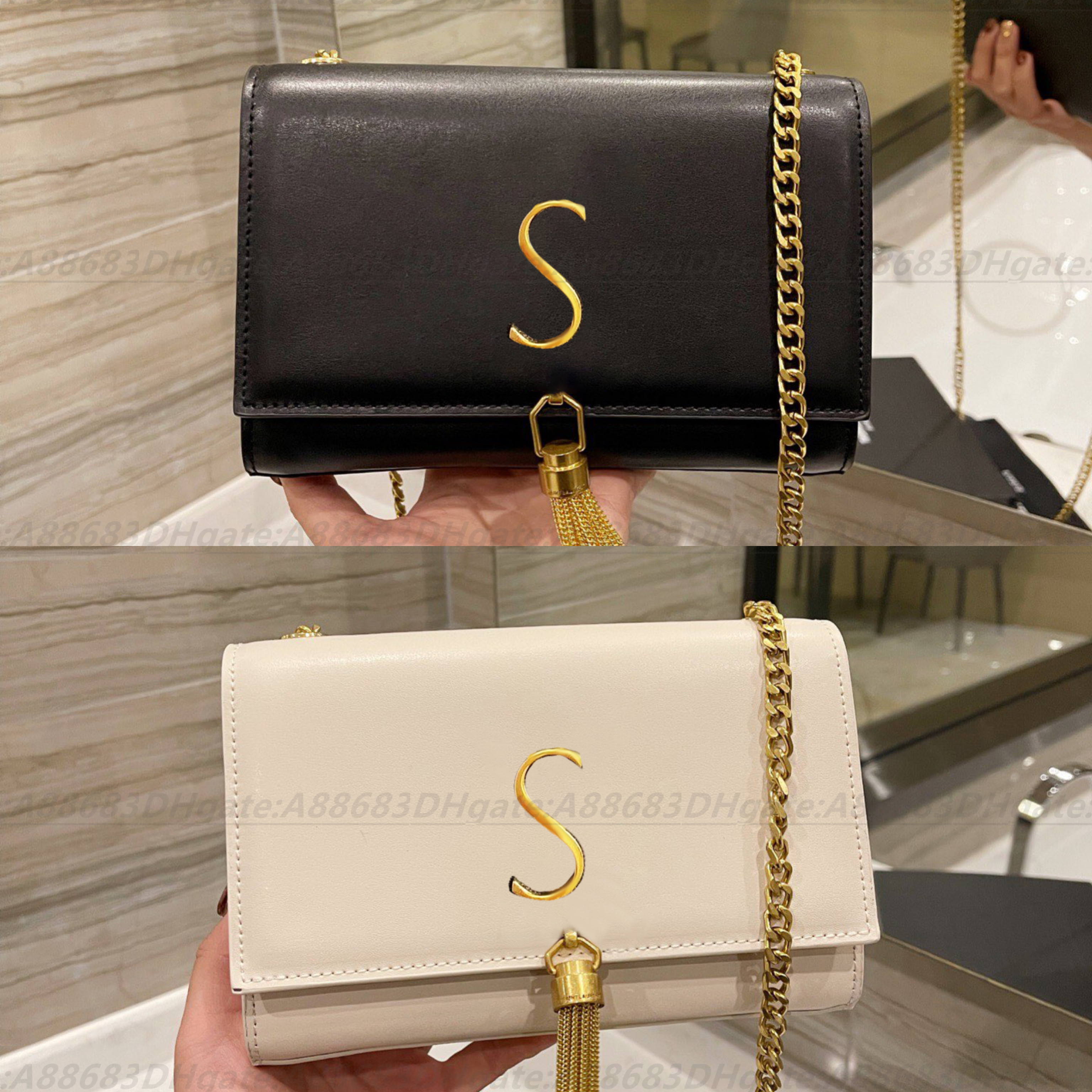 

5A quality Luxury Designer Crossbody bag classic tassel chain envelope clutch tote Gift Shoulder Bags wholesale handbags leather wallet mens womens kate purses, Black gold
