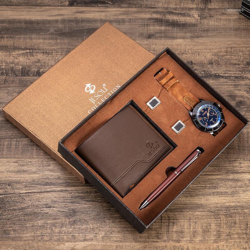 

Wristwatches 4pcs Men's Watch Set Gift Box Wallet Cufflinks Pen Birthday Business Gifts For Men Boyfriend Father HusbandWristwatches, Brown
