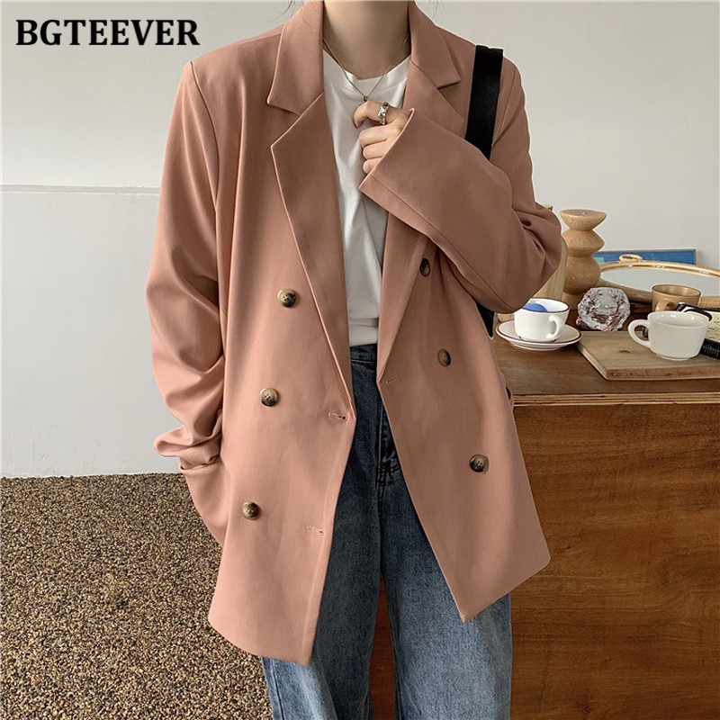 

Double Breasted Casual Loose Suit Jacket for Women Summer Outwear Tops Long Sleeve Notched Collar Female Blazer 2022, Black