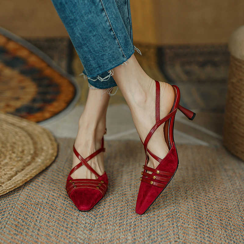 

TopSelling color matching pointed sandals women's summer wine red shoes fashion Baotou back empty sheepskin thin high heels Classic luxury party shoes
