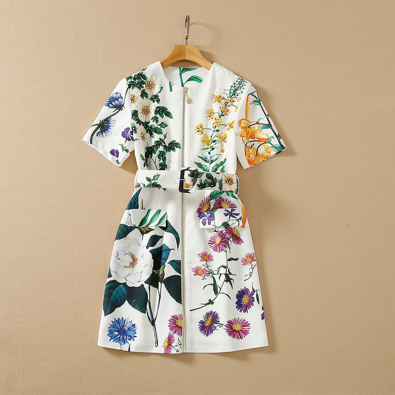 

European and American women' wear spring 2022 new Short sleeve front zipper sequin bead printing Fashionable belted dress XXL, White