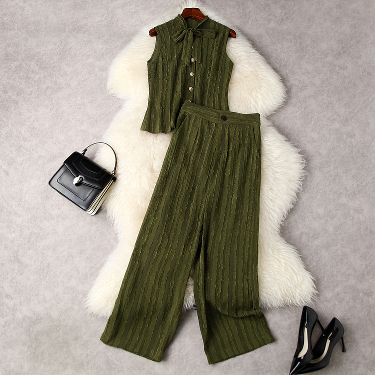 

European and American women's wear spring 2022 new Sleeveless bow collar jacquard shirt Wide-legged pants Fashion suits, Pink
