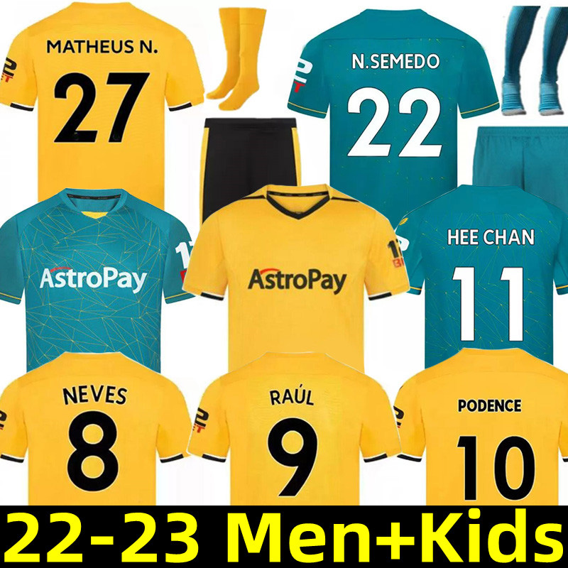 

22 23 Wolves Soccer Jerseys RAUL Neves Matheus N. Guedes Podence HEE CHAN NETO SEMEDO Men Kids kit ADAMA J OTTO J. MOUTINHO Dendoncker 2022 2023 Football Shirts home away, 22-23 away kids