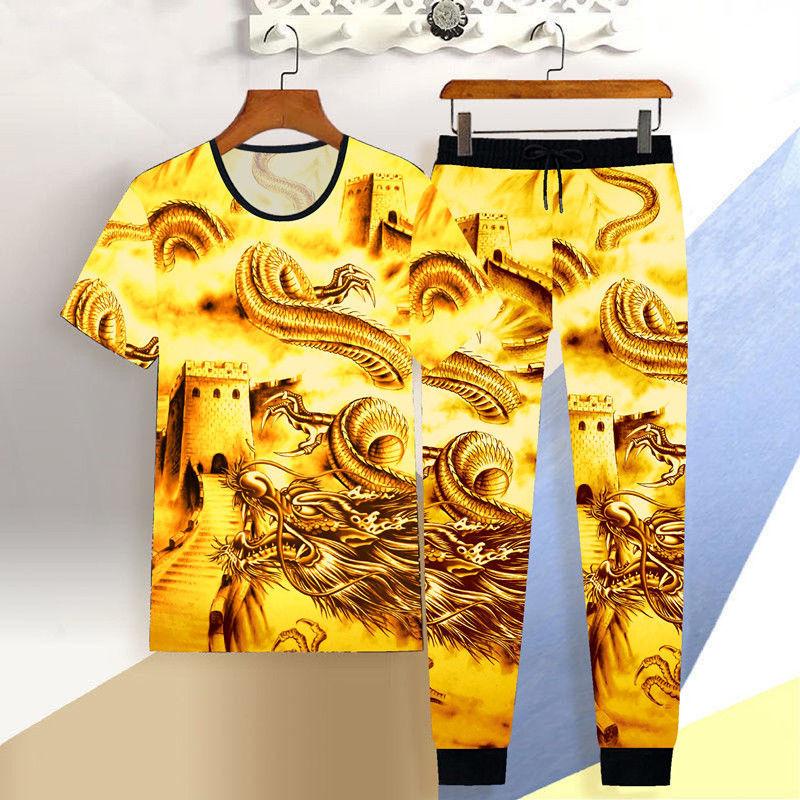 

Men's Tracksuits Summer Sportswear Suit Male 3D Dragon Short-sleeved Casual Slim T-shirt Trousers Tiger Print 2, Same as pictures