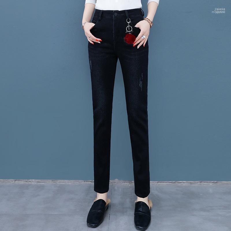 

Women's Jeans Women Solid 2022 Autumn Winter Fashion Splice Button Ornaments High Waist Pockets Thickening Wild Long Pencil Pants1, Black