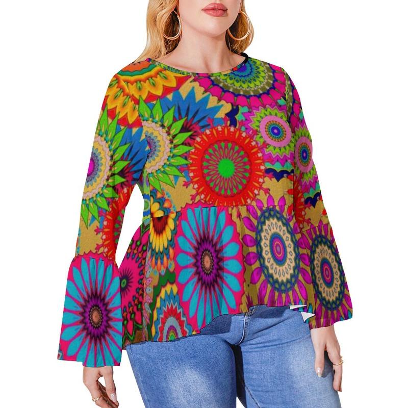 

Women's Plus Size T-Shirt Colorful Mandala T-Shirts Retro Bohemian Print Street Style Long Sleeve Modern Tees Ruffled Graphic Tops 6XLWomen', Style-6