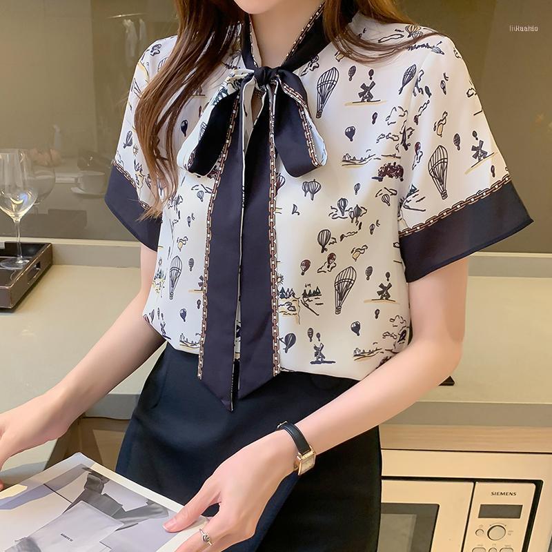

Women' Blouses & Shirts Vintage Printing Blouse Women Casual Short Sleeve Female Top Shirt Bow Lacing Office Ladies 2022 Korean Fashion, White
