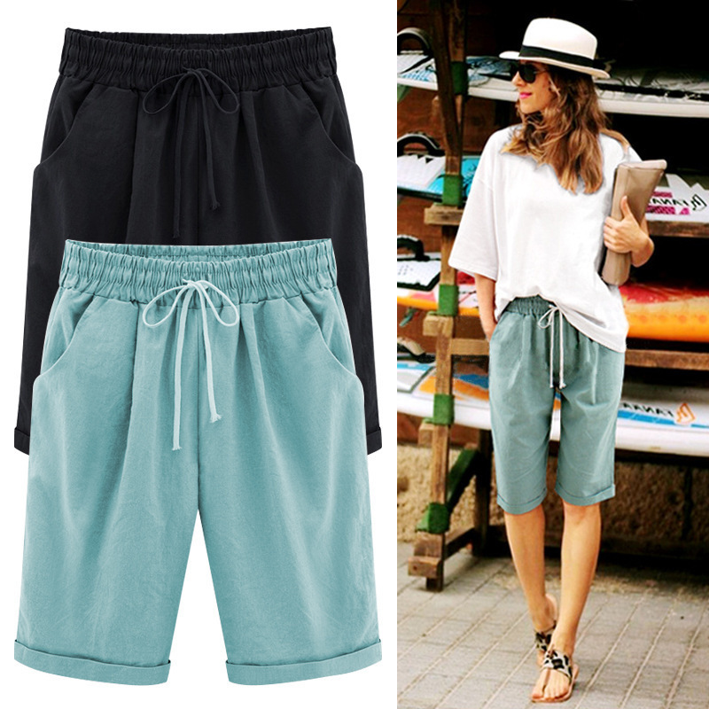 Summer pants women's pants shorts outer middle pant big size womens clothing fat short Women 8xl Loose Sports Stretchy Cotton Straight Leg B