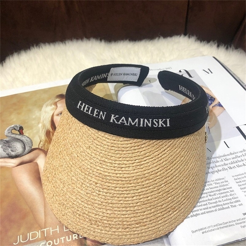 

HELEN Summer Straw Hat For Women High Quality Weave Empty Top Beach Cap UV Protection Wide Brim Handmade Panama Travel 220616, Khaki-beige 2