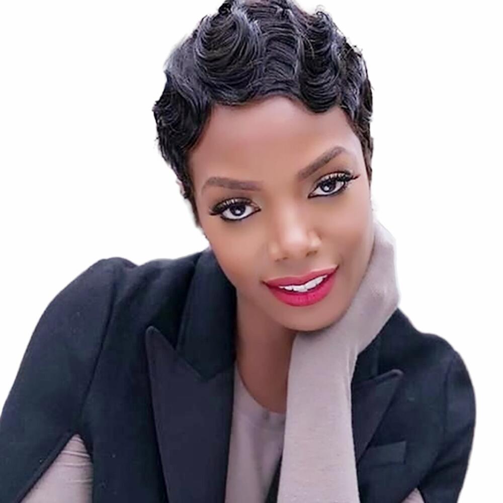 

Human Hair Wigs Finger Wave Short Wig Pixie Cut Machine None lace Wigs for Black Women #1B #2 #4 #30 #27 #99j Summer, Ombre color