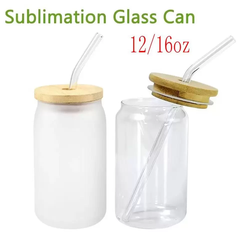 

UPS12oz 16oz Sublimation Glass Cola Can Tumbler Clear Frosted Jar with Bamboo Lid Wide Mouth Beer Cup Festival Party Wine Tumblers, 12oz