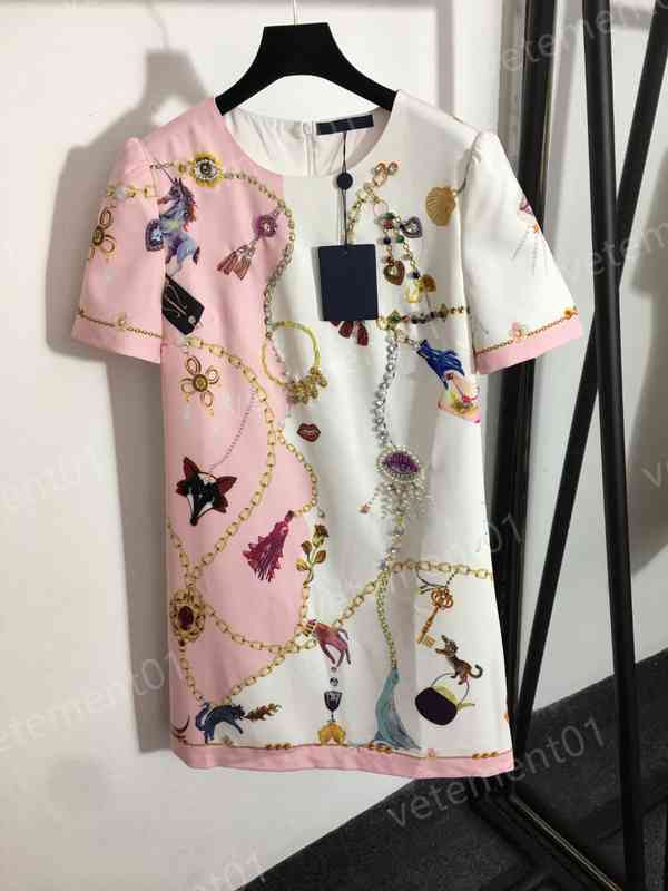 

Designer Womens Dresses Fashion Brand Pink Diamond Pearl Fan Chain Print Crew Neck Short Sleeve Dress Luxury Casual Dresses Women Clothing