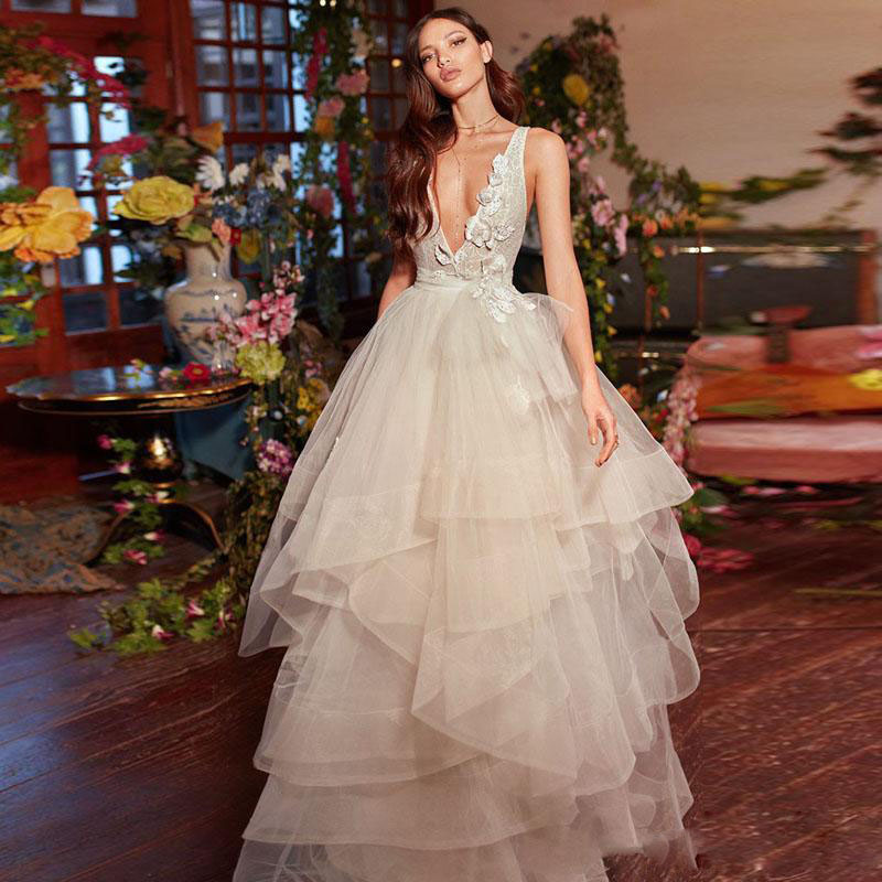 

Ivory Cascading Ruffles Beach Wedding Dresses Tiere Bridal Gown Deep V Neck Backless Bohemian Tulle Wedding Gowns, Water melon