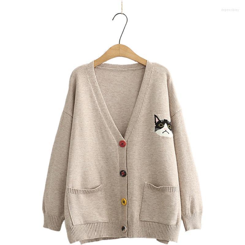 

Women's Knits & Tees Women Cardigans Cartoon Cat Embroidery Casual Knitted Sweater 2022 Winter Long Sleeve V-neck Multicolor Button Preppy S, Gray