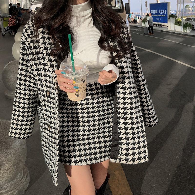 

Two Piece Dress Leiouna 2 Set Retro Houndstooth Channel Style Mid-length Coat High Waist Skirt Winter Suits Women Basic Jackets, Black