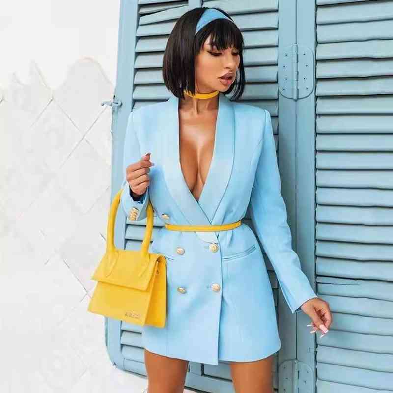 

New Designer Long Blazer Dress 2021 Sky Blue Autumn Golden Button Double Breasted Satin Scarf Collar Women Coat Dress Blazer J220813, Dark pink