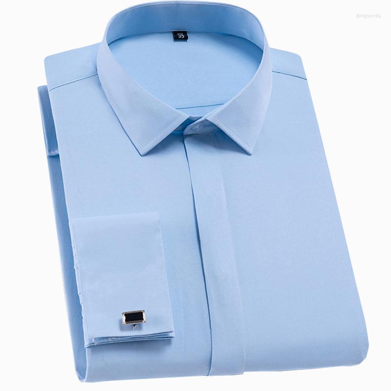 

Men's Dress Shirts Quality French Cufflinks Covered Button Turndown Collar Long Sleeve Solid Plain Business Men Slim Fit Non-iron Dway22, 5-538