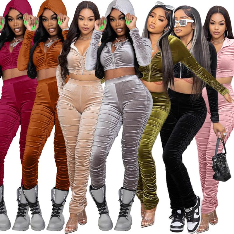 

Women' Two Piece Pants Zoctuo Women Pant Sets Hooded Crop Tops 2 Set Solid Stacked Suits Outfits Sexy Fashion Clubwear Clothing Stretchy, Black