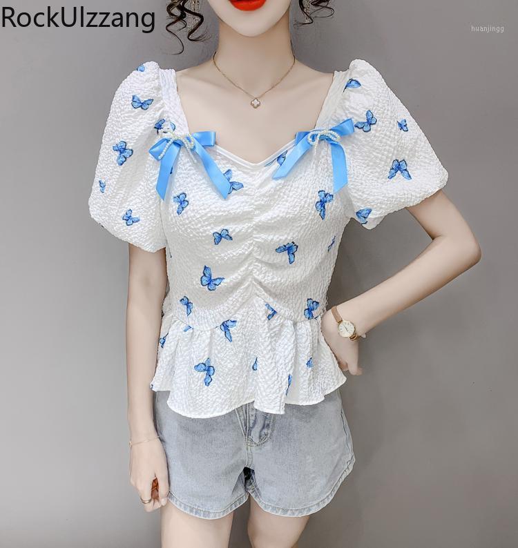 

Women' Blouses & Shirts Pearls Bow Ribbon Square Neck Butterfly Slim Shirt Ladies Summer Fashion Elegant Blouse Crop Top Blusas Plus Size O, As photo 2