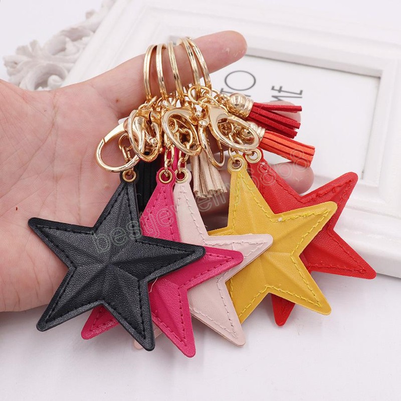 

Star Keychains Accessories Tassel Pendant Key Chains Rings Fobs Fashion Design PU Leather Women Bag Charms Gold Metal Car Keyrings Holder Handbag Jewelry Gifts