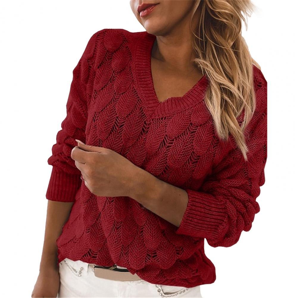

V-neck Pullover Feather Pattern Loose Women Clothes Cotton Long Sleeve Hollow Out Sweater Date Knitting Sweater Autumn Winter, Black