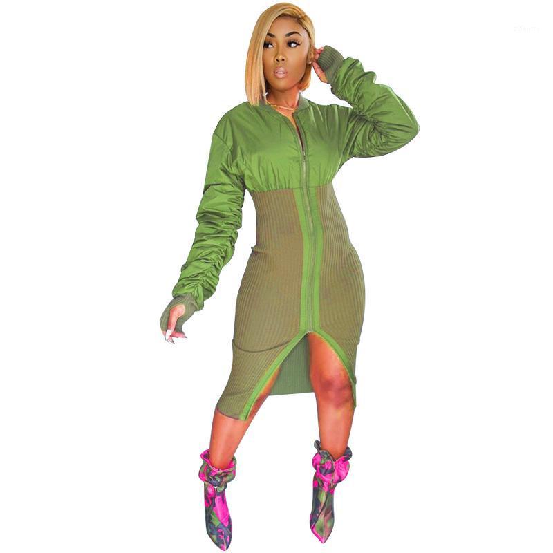 

Casual Dresses Mid Calf Dress Women Knitted Patchwork Zipper Full Sleeve Robes Spring Autumn High Waist Streetwear Pencil Vestidos, Army green