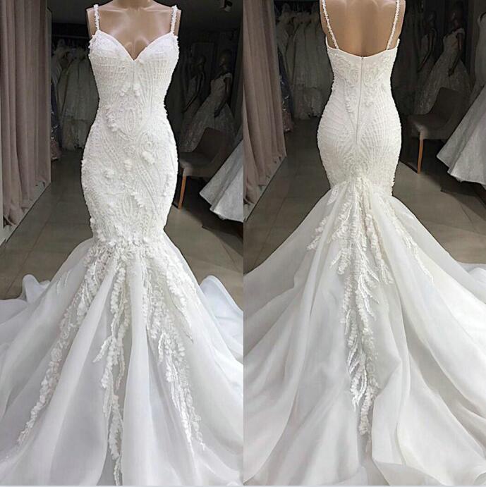 

Real Image Spaghetti Straps Appliques Lace Mermaid Wedding Dress Sleeveless Beading Pearls Handmade Flowers Dubai Bridal Gown, Silver