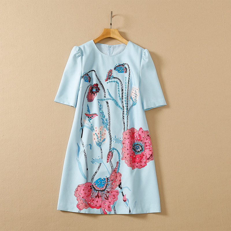

European and American women' wear spring 2022 new Short sleeve heavy nail bead round collar blue print Fashion dress