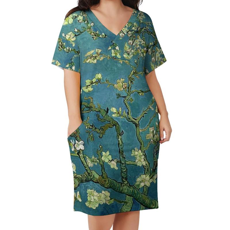 

Plus Size Dresses Floral Print Art Dress V Neck Van Gogh Almond Blossoms Vintage Female Korean Fashion Graphic Casual 4XLPlus, Style-17