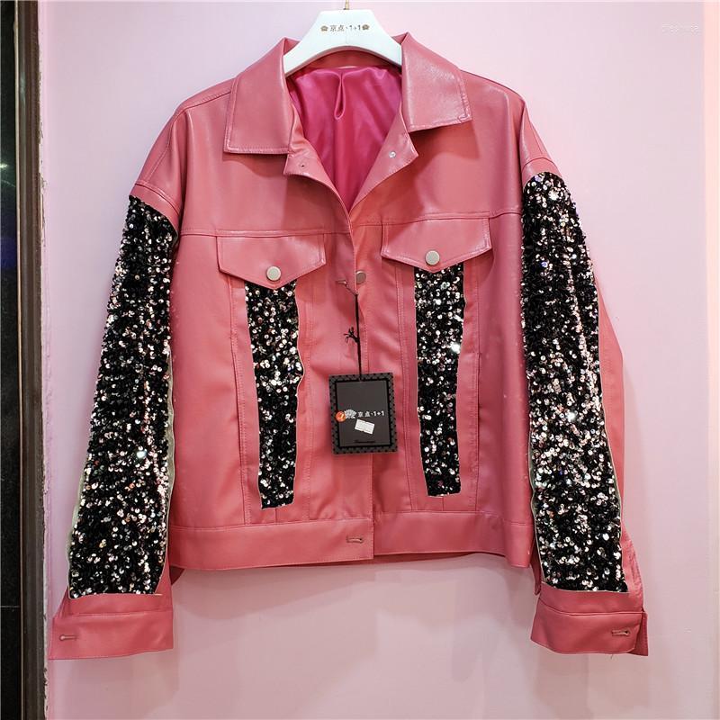 

Women's Jackets Sequined PU Leather Jacket Female Fashion Pink Knit Patchwork European 2022 Autumn Stitching Faux Coat, Black