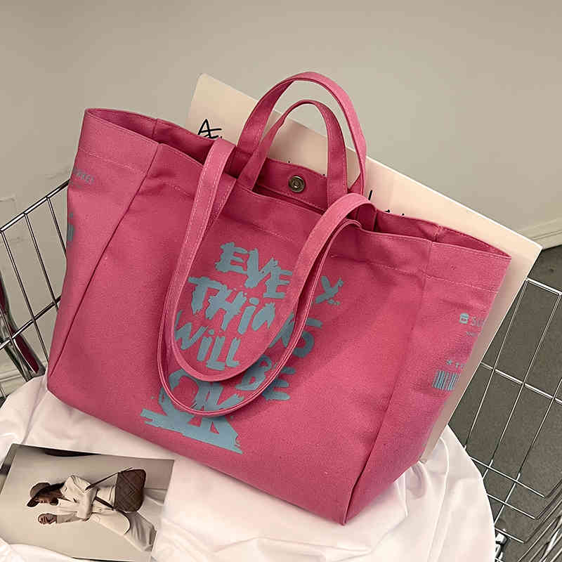 

Ladies canvas shoulder bags big cotton shopping cloth woven grocery harajuku books for girls, Beige