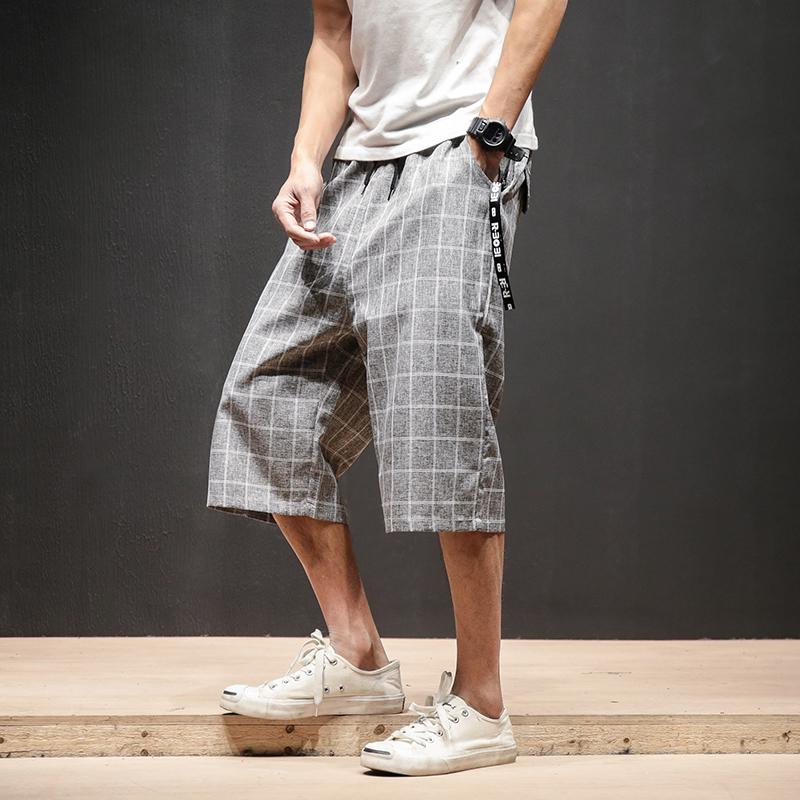 Short homme 2022 été large jambe Plaid sarouel lin grande taille ample décontracté plage japonais favori sauvage rue marée
