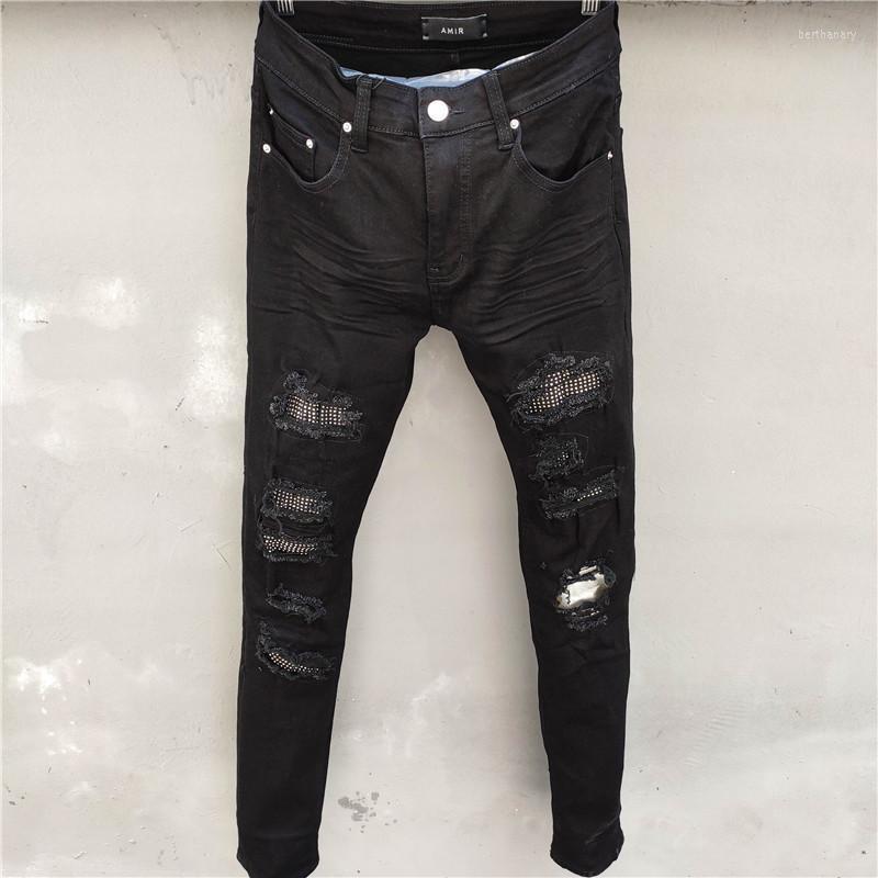 

Men's Jeans Streetwear Rivet Men Black Elastic Slim Fit Destroyed Ripped Patchwork Punk Hip Hop Pants Plus SizeMen's Bert22