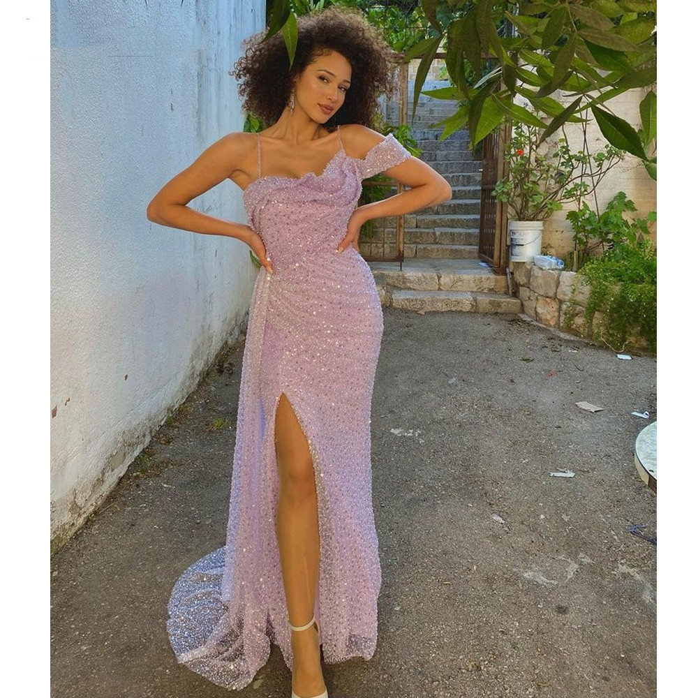 

Sexy Mermaid Prom Dresses Sexy Bateau Sleeveless Sequins Satin Appliques Beads Spaghetti Straps Lace Floor Length Side Slit Plus Size Formal Party Gowns Custom Made, Blue