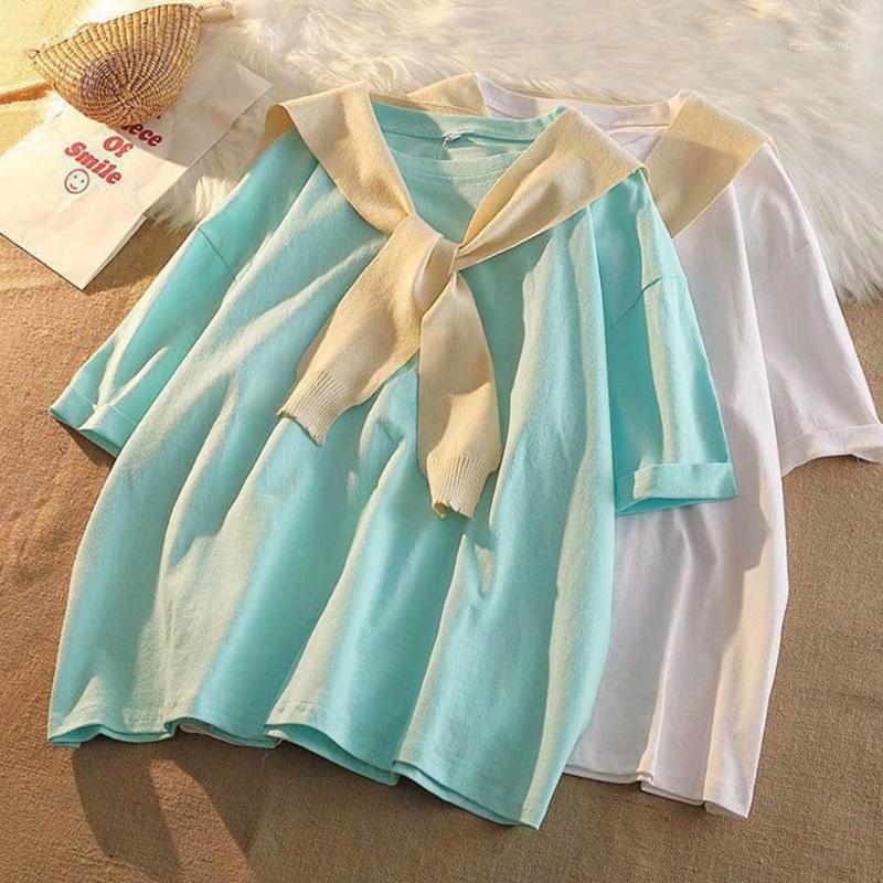 

Women' T-Shirt Korean Solid Tops Chic Loose Summer Short-Sleeved T-shirts 2022 Pullovers Casual Tee Gentle With Knitted Shawl, Green
