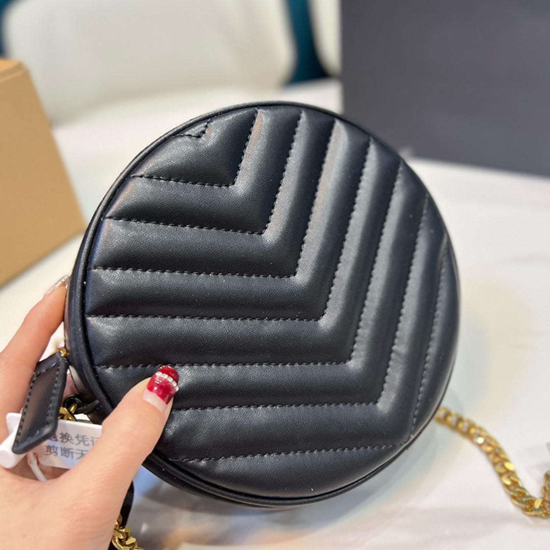 

Classic Vinyle Round V-shaped Seam Shoulder Bags Fashion Gold Original Hardware Chain Handbags Genuine Leather Women Crossbody Bag Luxury Designer Circle Bag 17CM, Black