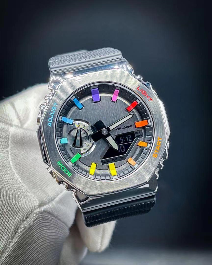 Men's Sports Quartz Digital Watch 2100 Metal Colorful Dial LED Automatic Hand Raise Light Full Function Waterproof GM Iced Out Watch Series