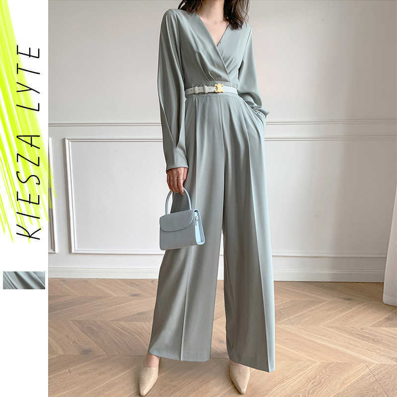 

Elegant Jumpsuits Women Long Sleeve Overalls French Luxury Light Green High Waist Chiffon Wide Leg Pants Jumpsuit Rompers 210608, Green with belt