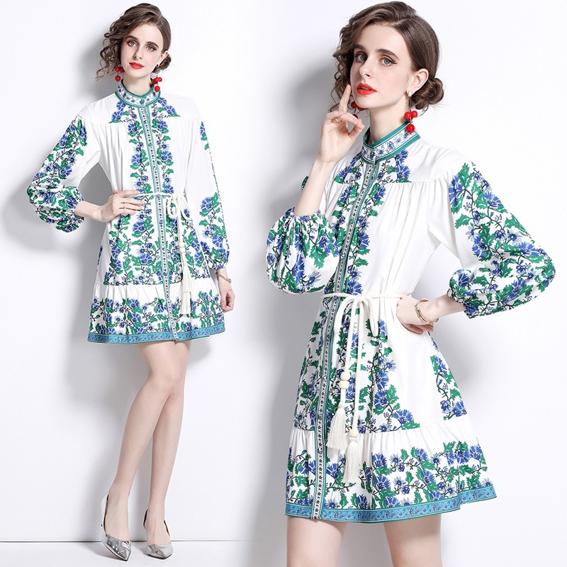 

New Spring Fall Green Floral Print Stand Neck Long Lantern Sleeve Single-breasted Women Ladies Casual Party Fashion Elegant Temperament Belt Tunic Midi Dress, Qpzm6252