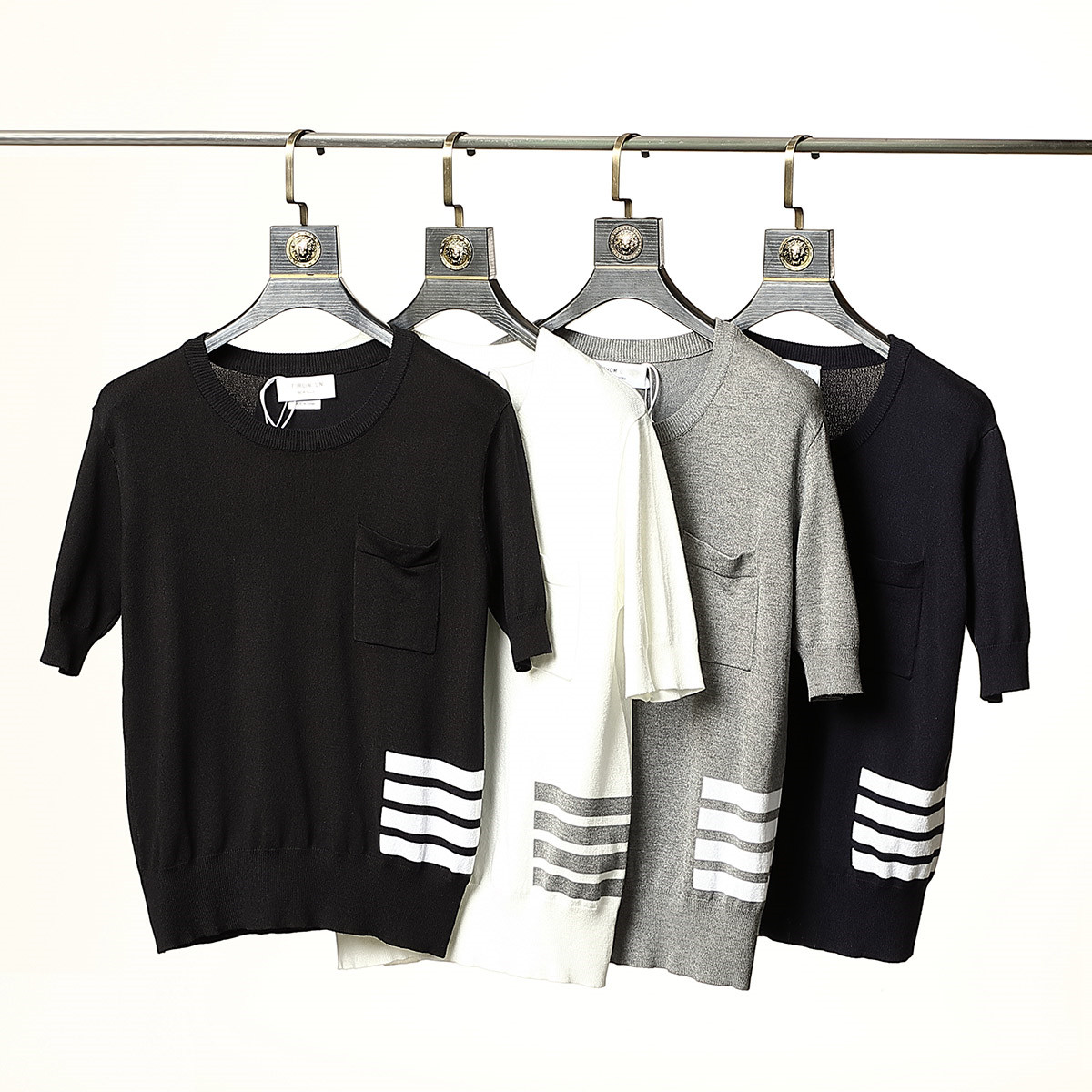 

TB Men's T-Shirts Knit Summer New Cotton Crew Neck Casual Sports Slim Yarn Yarn Women's Short Sleeve Striped #S-XXL, Blue